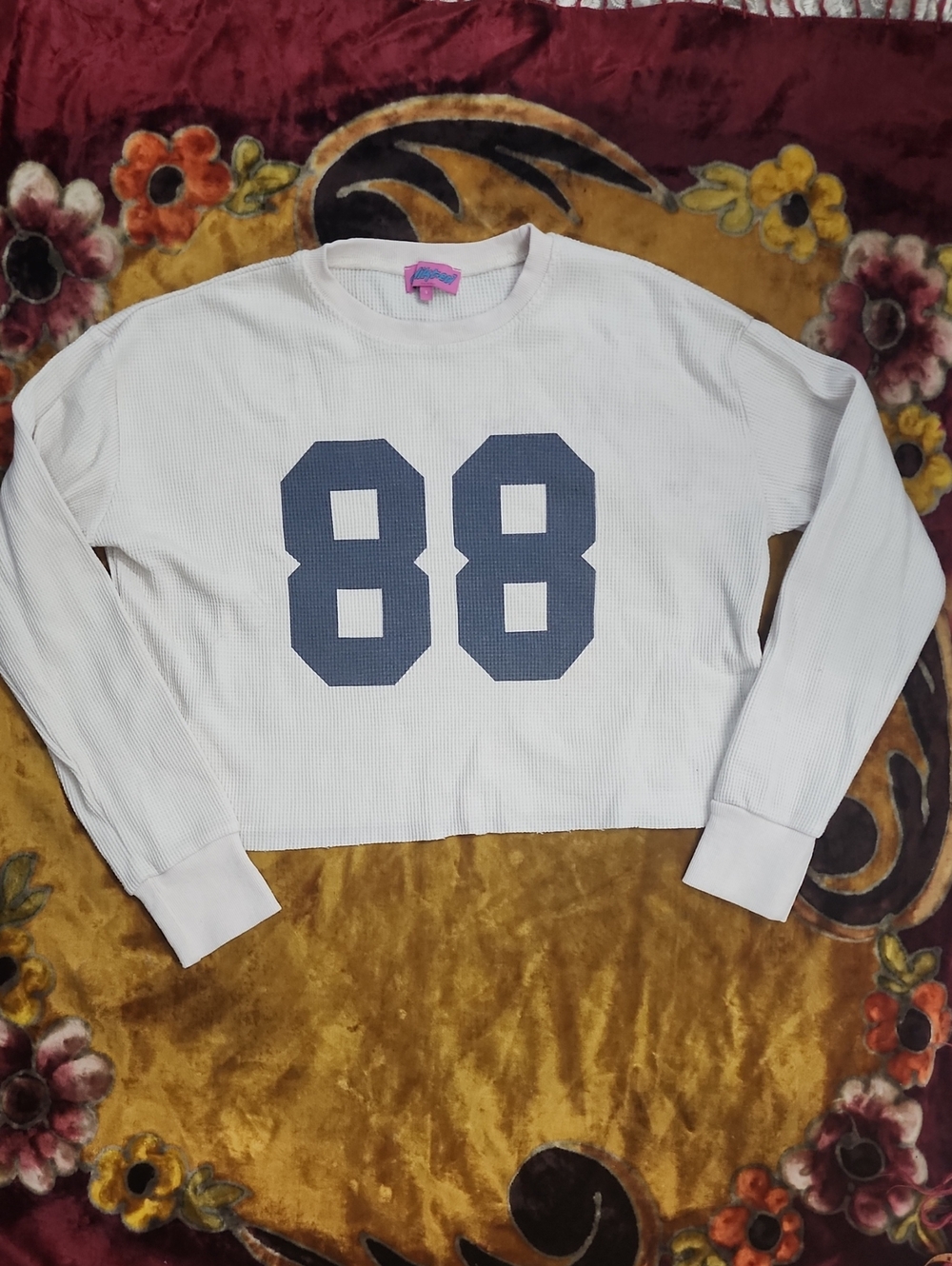 Edikted Cropped Waffle Knit  White Long-Sleeve Top with Navy '88' Graphic
